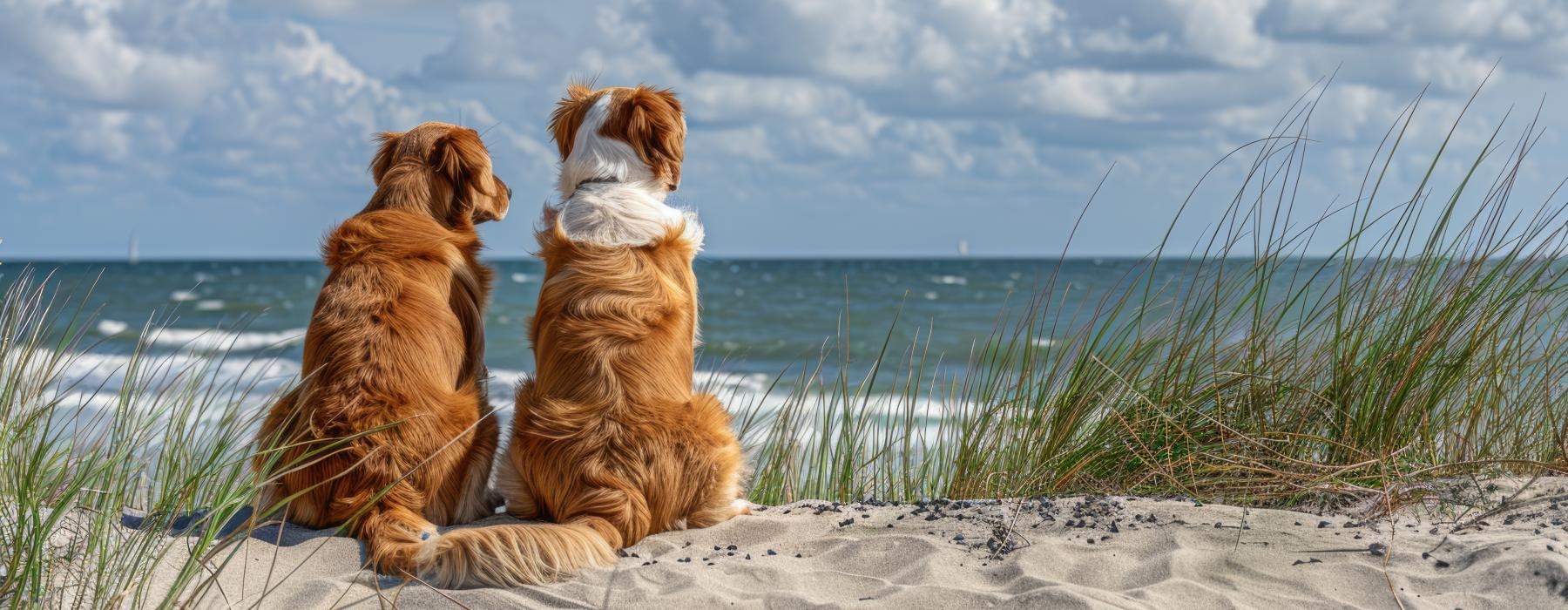 two dogs sitting on a beach