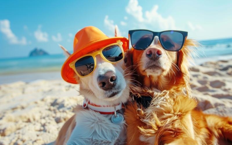 a couple dogs wearing sunglasses and hats on a beach